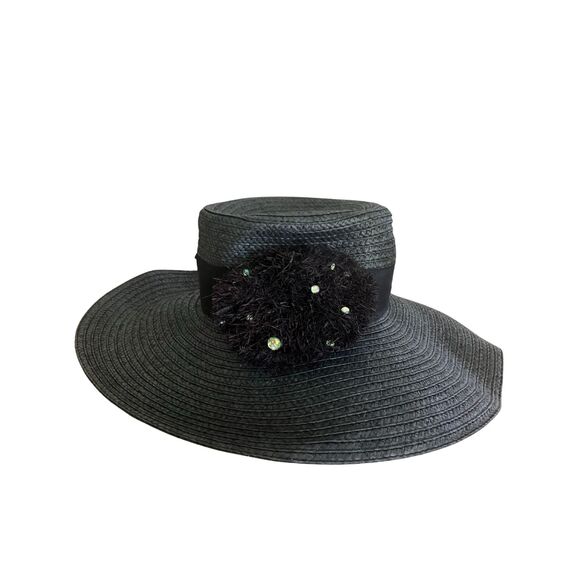August Hat Company Black Wide Brim Straw Hat - Floral Embellishment - Picture 3 of 7